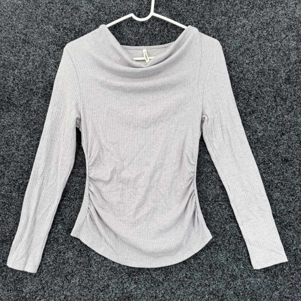 Halara Long Sleeve Cowl Neck Ribbed Ruched Side Top Lavender Grey Slim Fit